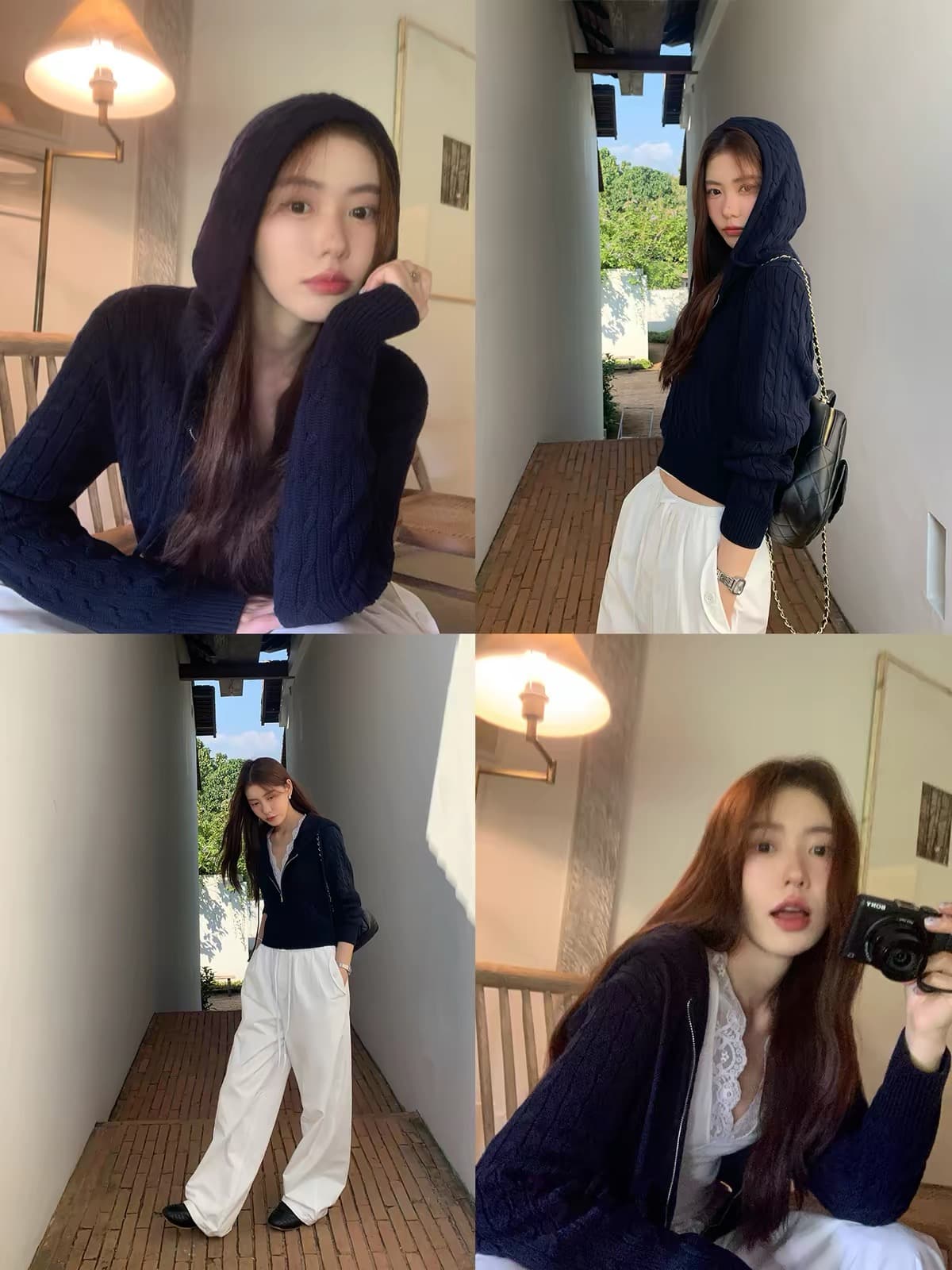 순수한 흰색 일기 후드 꽈배기 니트 오픈 가디건 여성 품격 지퍼 털 외투 셔츠 긴팔 맨위 상세 이미지 5
