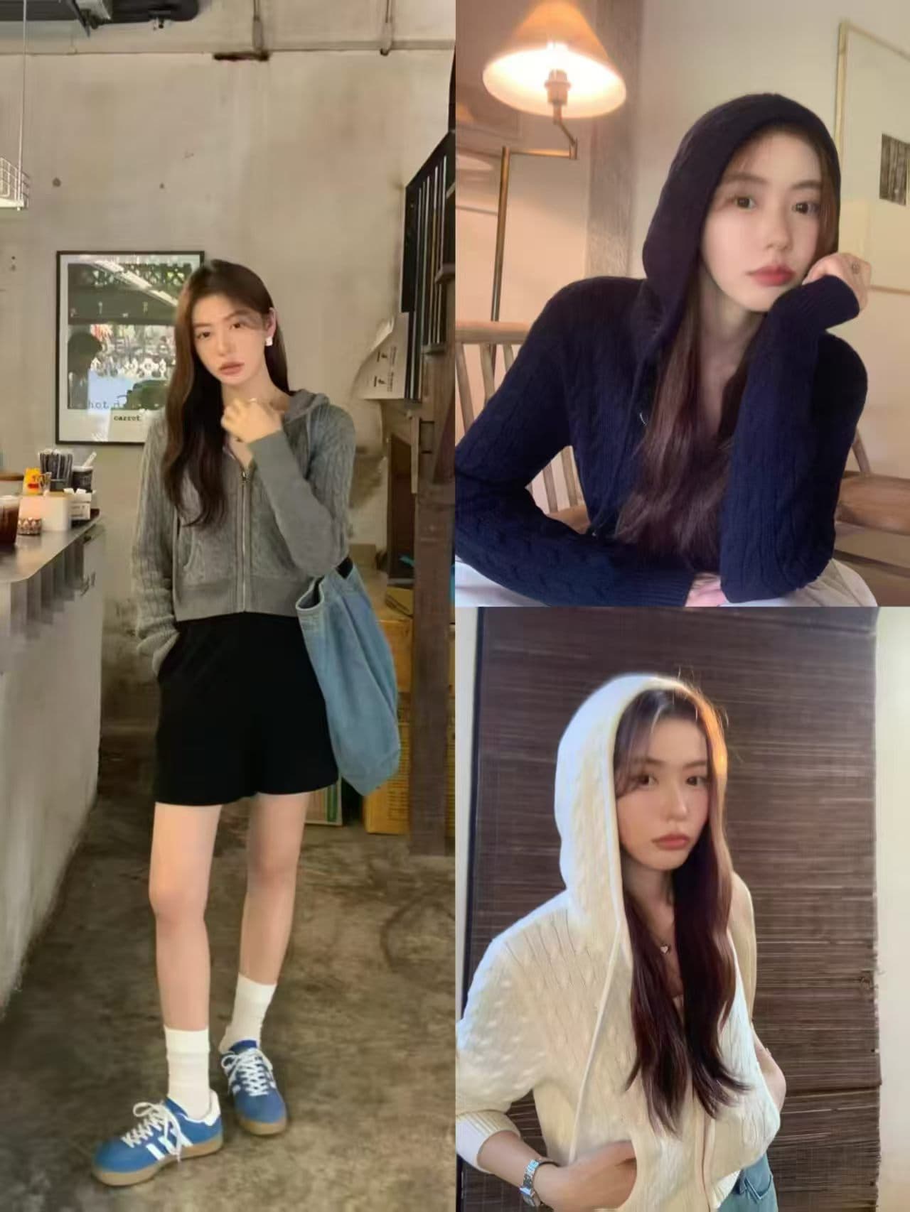 순수한 흰색 일기 후드 꽈배기 니트 오픈 가디건 여성 품격 지퍼 털 외투 셔츠 긴팔 맨위 상세 이미지 8