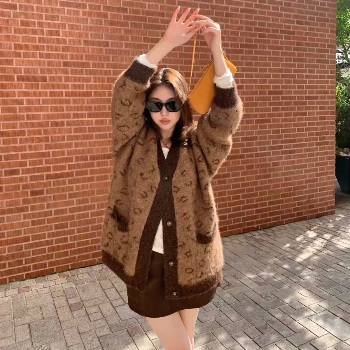 레오파드 무늬 니트 오픈 가디건 가을 겨울 레트로 명중 커피 색상 루즈핏 V넥 스웨터 여성 코트
