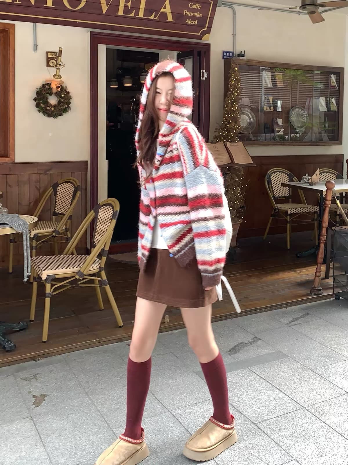 한 부서 빨간색 스트라이프 후드 스웨터 오픈 가디건 여성 가을 겨울철 루즈핏 느긋한 니트 재킷 맨위 이미지 2
