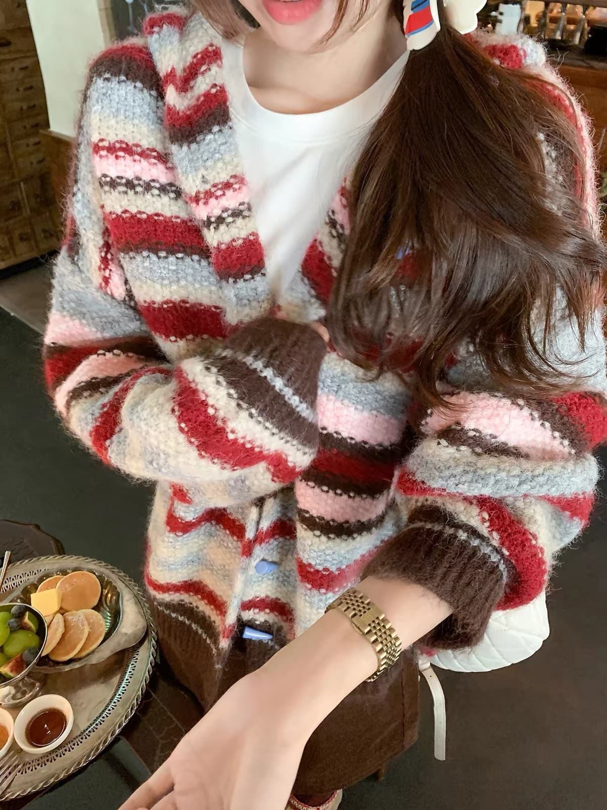 한 부서 빨간색 스트라이프 후드 스웨터 오픈 가디건 여성 가을 겨울철 루즈핏 느긋한 니트 재킷 맨위 상세 이미지 4