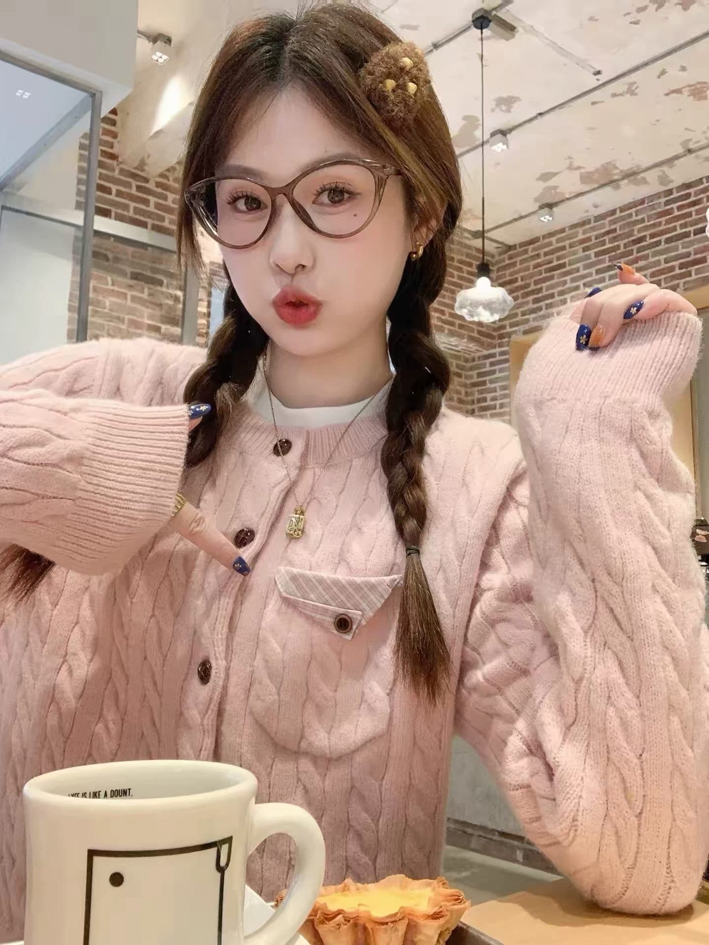 한 부서 핑크색 꽈배기 스웨터 오픈 가디건 여성 가을 겨울철 새로운 루즈핏 느긋한 니트 재킷 맨위 상세 이미지 4