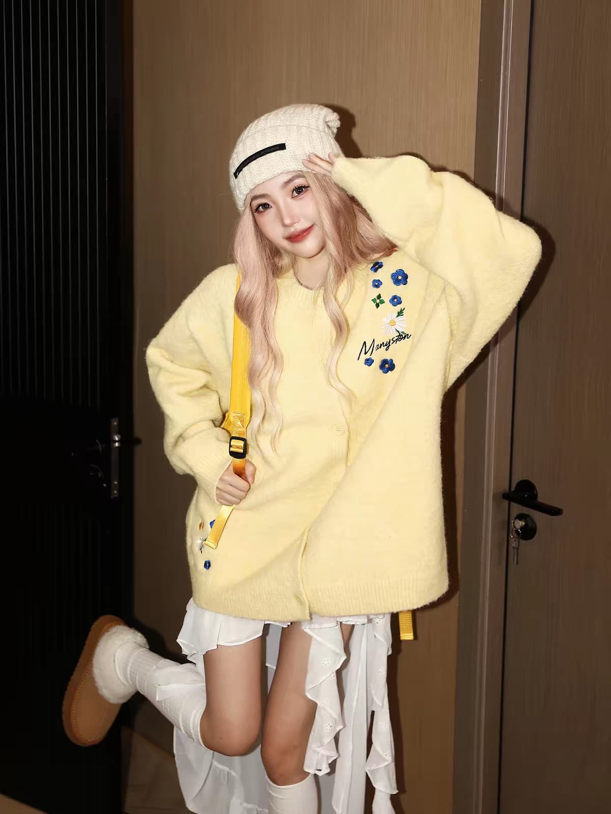 아메리칸 자수 오픈 가디건 스웨터 여자 가을 겨울철 작은 키 루즈핏 캐주얼 니트 스웨터 재킷 상세 이미지 7