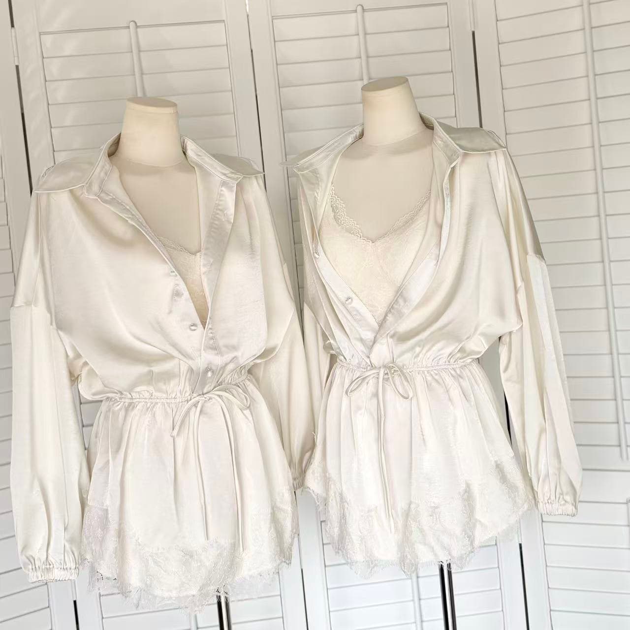 kubiliv 지능 oni 오래된 돈 허리 수축 새틴 셔츠 레이스 인사이드 가져 가라. 투피스 세트 비싼 셔츠 슬립 이미지 5