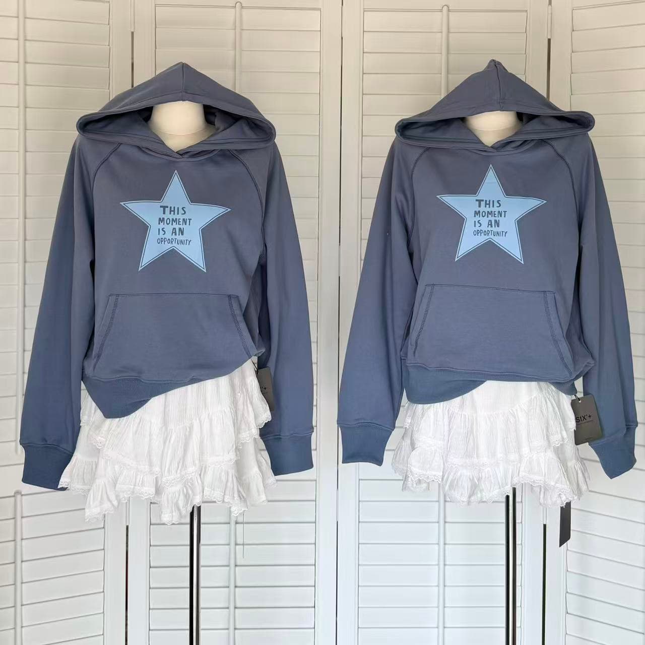 yookson vintage star 높음 그램 다시 하다 오래된 오각형 별 루즈핏 풀오버 후드 티 스웨터 여성