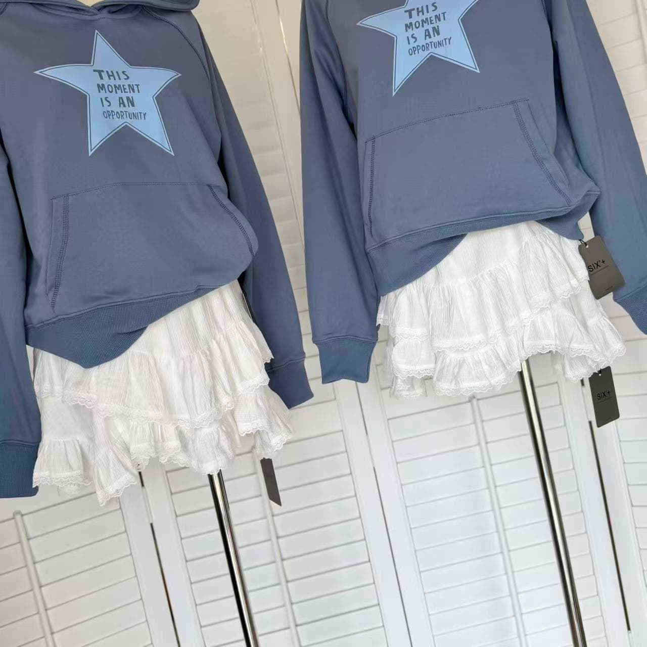 yookson vintage star 높음 그램 다시 하다 오래된 오각형 별 루즈핏 풀오버 후드 티 스웨터 여성 상세 이미지 6