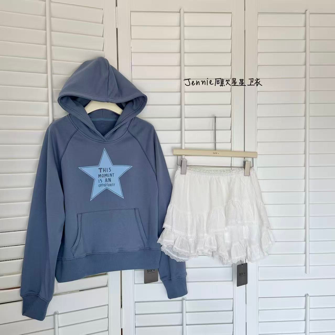 yookson vintage star 높음 그램 다시 하다 오래된 오각형 별 루즈핏 풀오버 후드 티 스웨터 여성 상세 이미지 19