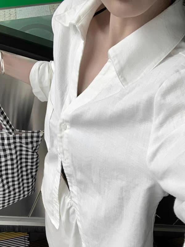 프랑스식 화이트 V넥 자외선 차단 아마 여성 셔츠 봄 여름 외출용 오래된 돈 바람 면 린넨 셔츠 재킷 긴팔 맨위 이미지 3