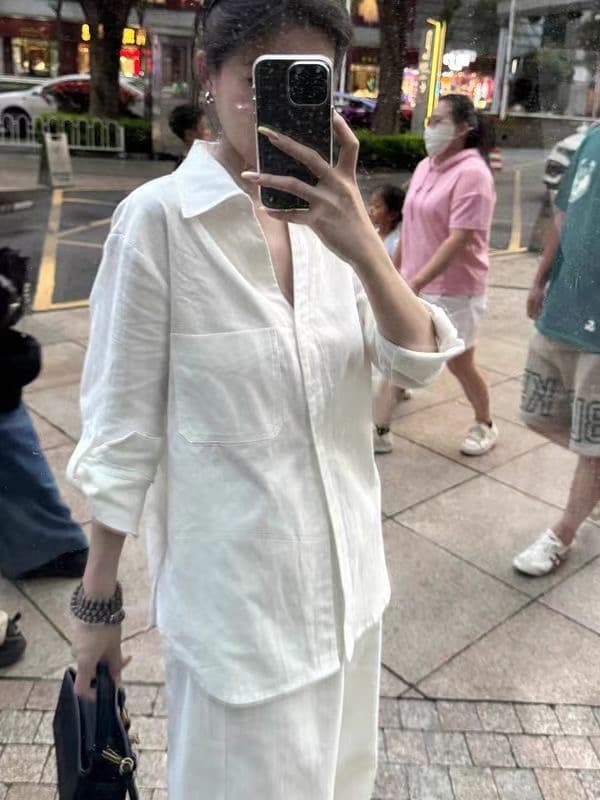 프랑스식 화이트 V넥 자외선 차단 아마 여성 셔츠 봄 여름 외출용 오래된 돈 바람 면 린넨 셔츠 재킷 긴팔 맨위 상세 이미지 1