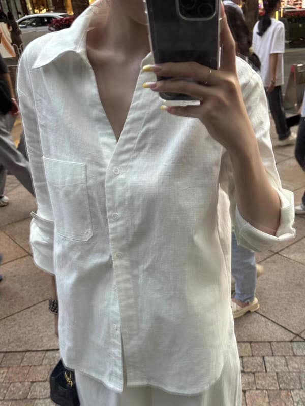 프랑스식 화이트 V넥 자외선 차단 아마 여성 셔츠 봄 여름 외출용 오래된 돈 바람 면 린넨 셔츠 재킷 긴팔 맨위 상세 이미지 2