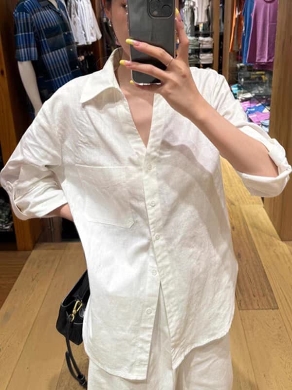 프랑스식 화이트 V넥 자외선 차단 아마 여성 셔츠 봄 여름 외출용 오래된 돈 바람 면 린넨 셔츠 재킷 긴팔 맨위 상세 이미지 3