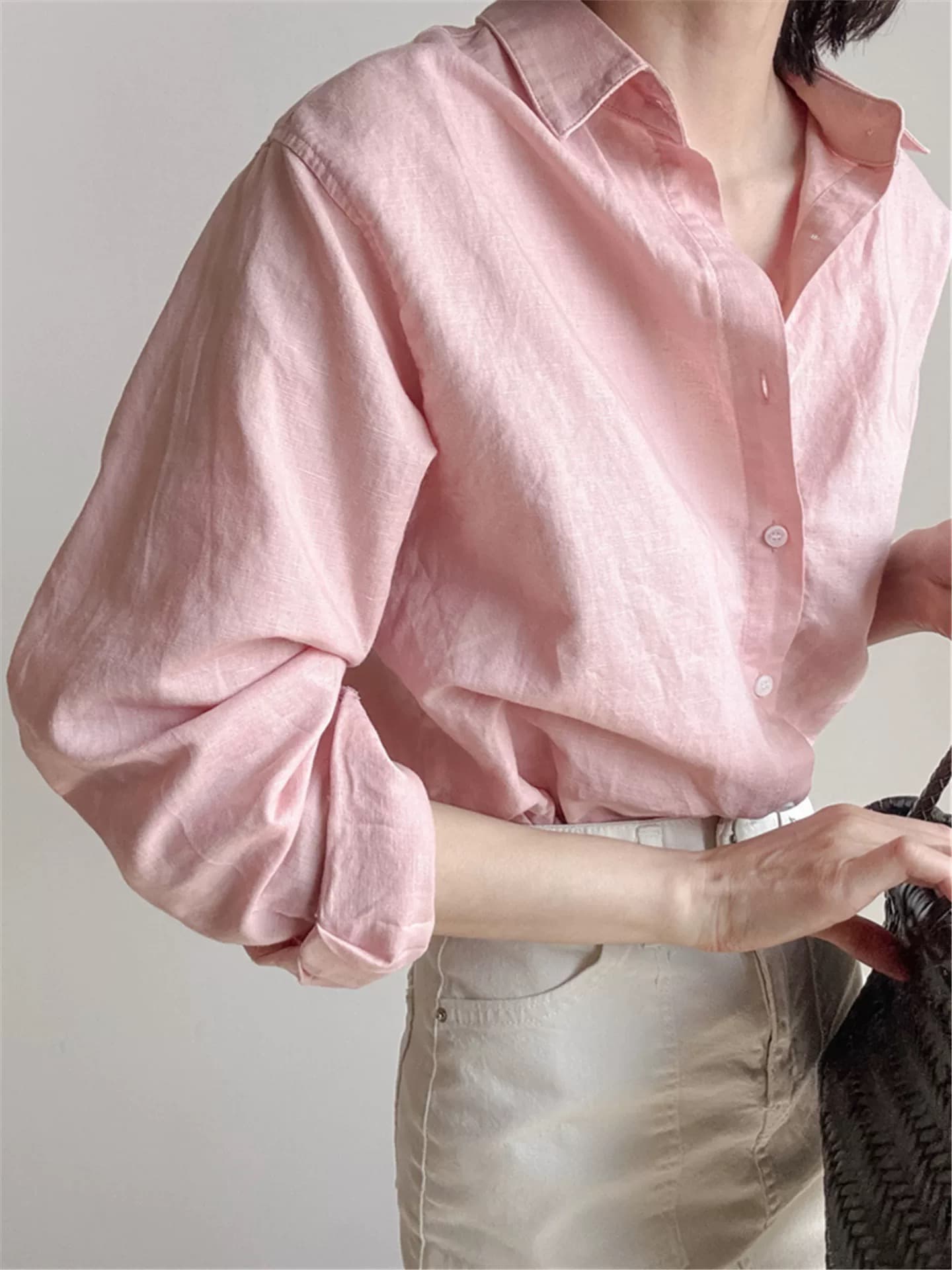 아마 긴팔 핑크색 여성 셔츠 여름 얇은 스타일 출퇴근 루즈핏 캐주얼 고급 면 린넨 셔츠 품격 맨위 이미지 2