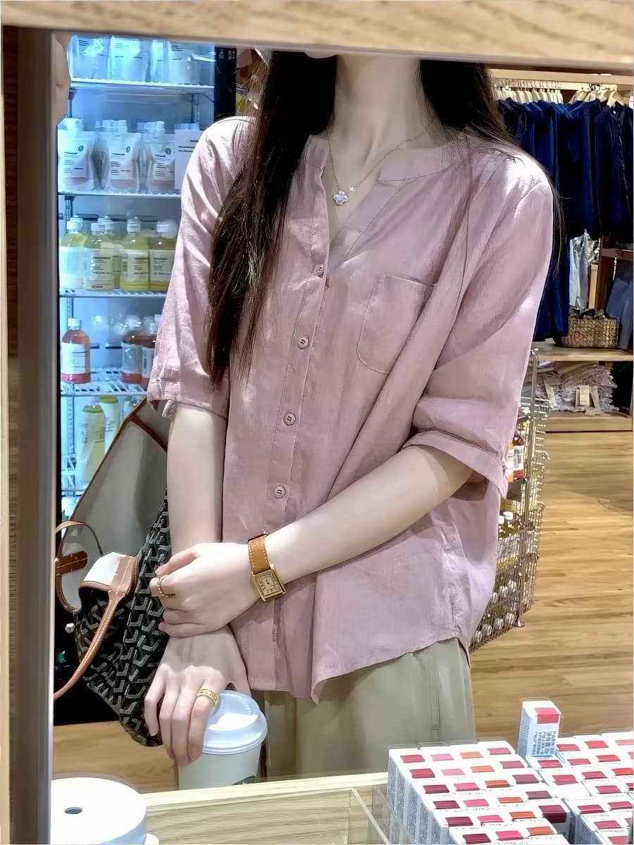 프랑스식 핑크색 면 린넨 반팔 여성 셔츠 여름 새로운 아름다운 디자인 센스 셔츠 라미 Chic 매우 요정 ~ 중 맨위