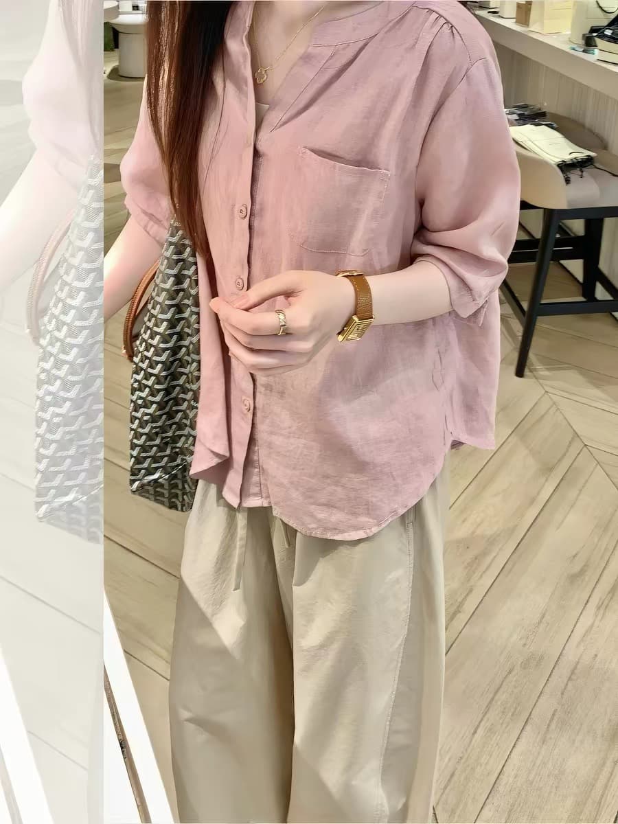 프랑스식 핑크색 면 린넨 반팔 여성 셔츠 여름 새로운 아름다운 디자인 센스 셔츠 라미 Chic 매우 요정 ~ 중 맨위 이미지 3