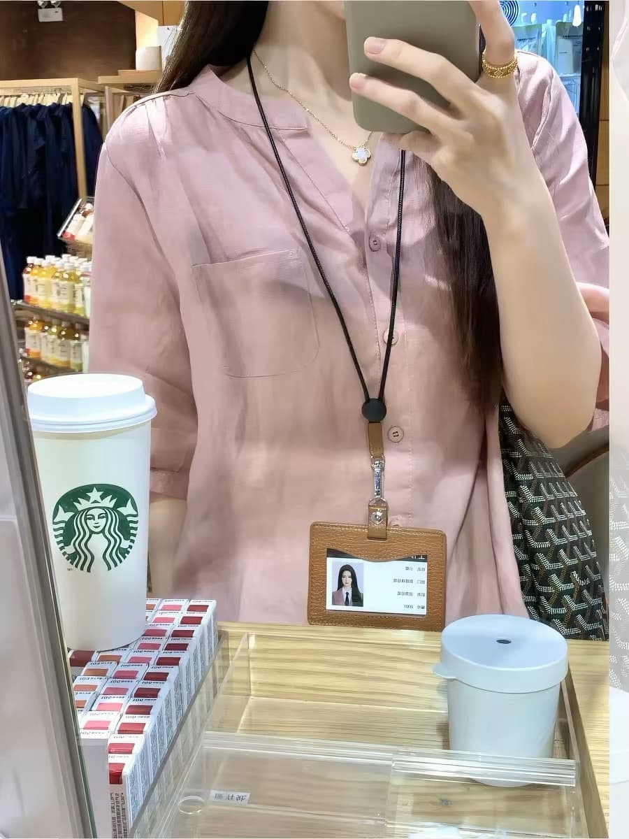 프랑스식 핑크색 면 린넨 반팔 여성 셔츠 여름 새로운 아름다운 디자인 센스 셔츠 라미 Chic 매우 요정 ~ 중 맨위 이미지 4