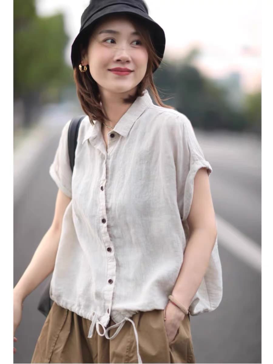 정리 누락 된 주간 싱글 펌프 로프 밑단 여성 셔츠 작은 대중 반팔 캐주얼 셔츠 루즈핏 맨위