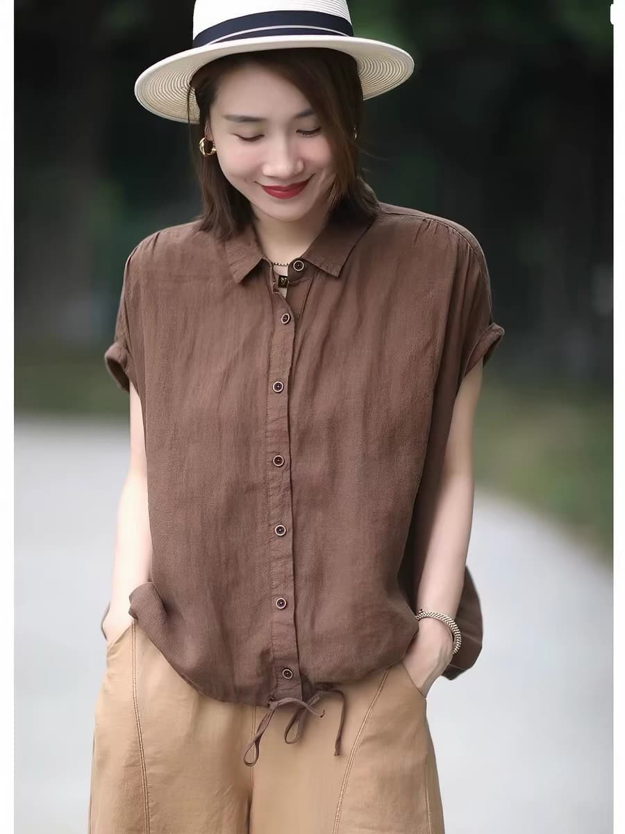 정리 누락 된 주간 싱글 펌프 로프 밑단 여성 셔츠 작은 대중 반팔 캐주얼 셔츠 루즈핏 맨위 이미지 2
