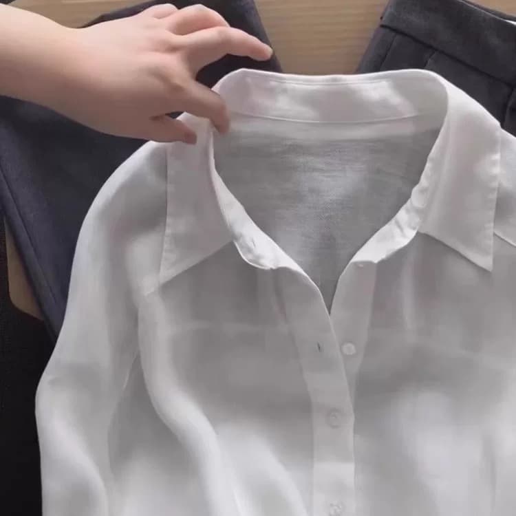 오래된 돈 바람 아마 화이트 자외선 차단 여성 셔츠 여름 얇은 스타일 POLO 칼라 셔츠 오픈 가디건 블라우스 라미 맨위 이미지 3