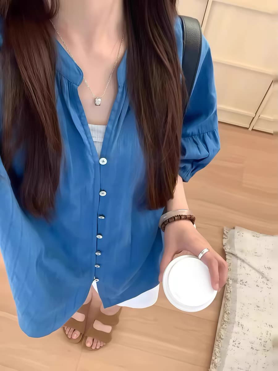 느긋한 바람 파란색 면 린넨 벌룬 소매 자외선 차단 여성 셔츠 여름 그레이트 멀리 봐. 셔츠 외부 가져 가라. 얇은 스타일 긴팔 맨위 이미지 3