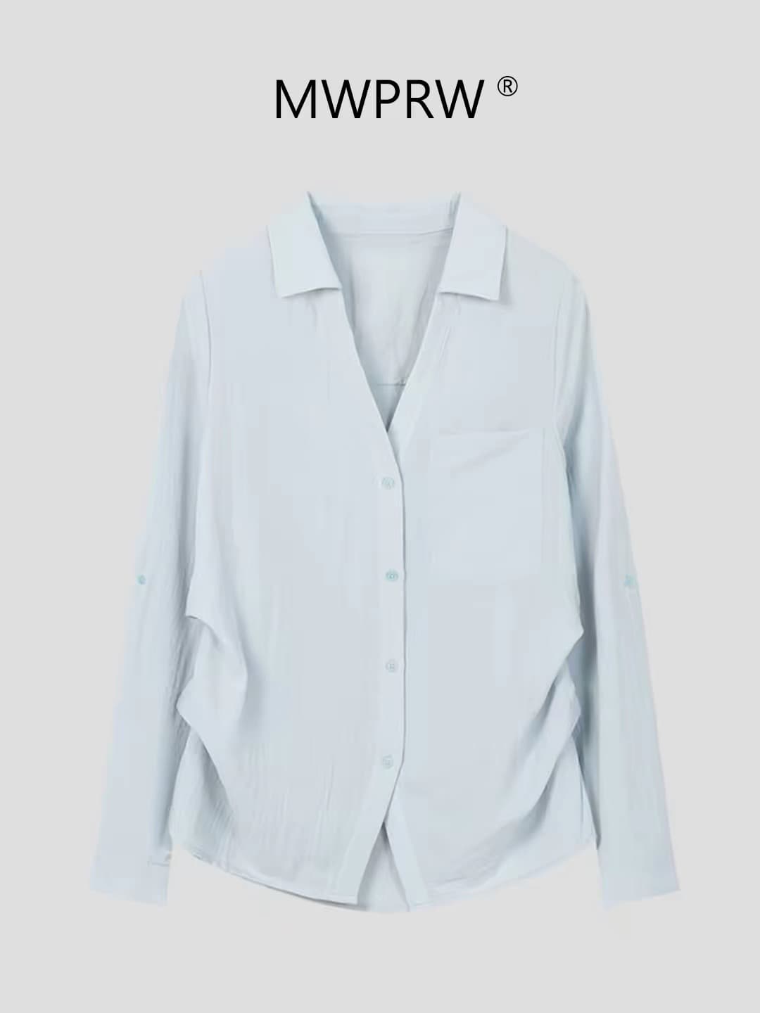 한 부서 대나무 섬유 V넥 화이트 여성 셔츠 봄 여름 루즈핏 펌프 Pleat 디자인 허리 수축 셔츠 긴팔 자외선 차단 맨위 이미지 3