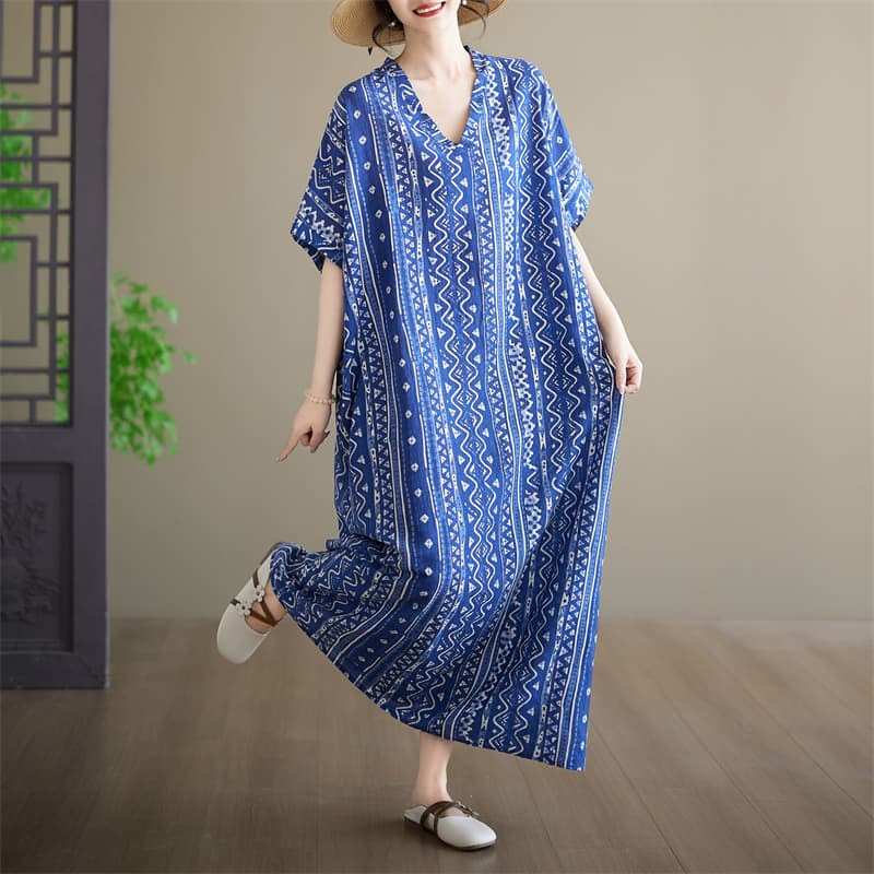 실사 여름 V넥 얇은 면 린넨 레트로 파란색 빅 사이즈 루즈핏 휴가 바람 해변 드레스 롱 스커트 문예 여성 로브 이미지 3