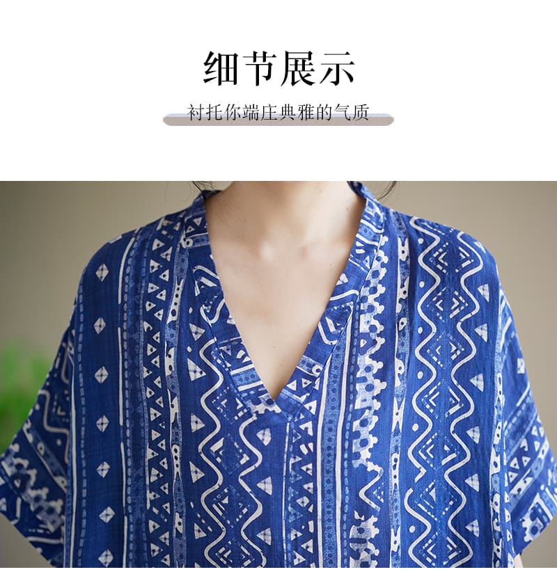 실사 여름 V넥 얇은 면 린넨 레트로 파란색 빅 사이즈 루즈핏 휴가 바람 해변 드레스 롱 스커트 문예 여성 로브 상세 이미지 16
