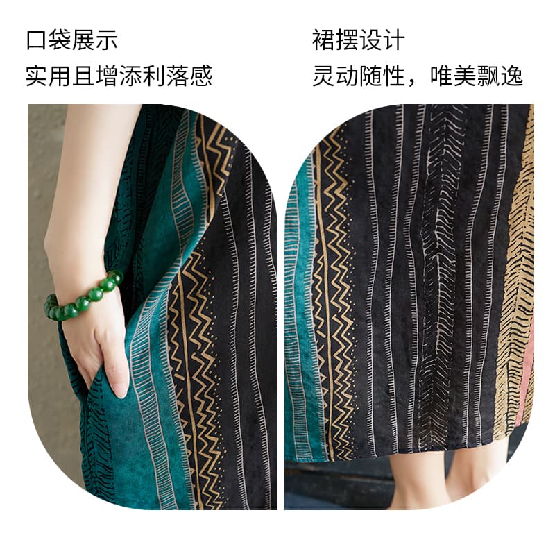 실사 문예 루즈핏 빅 사이즈 지방 mm 품격 슬림해 보이는 V넥 중간 길이 드레스 꽃 조금 랜덤 세로 줄무늬 여성 상세 이미지 5