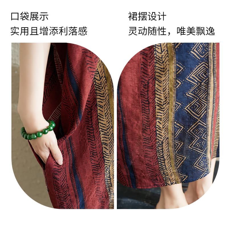 실사 문예 루즈핏 빅 사이즈 지방 mm 품격 슬림해 보이는 V넥 중간 길이 드레스 꽃 조금 랜덤 세로 줄무늬 여성 상세 이미지 5