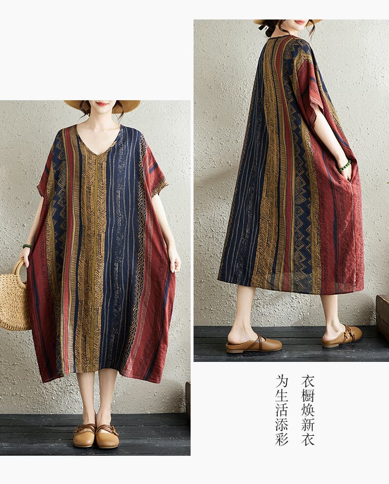 실사 문예 루즈핏 빅 사이즈 지방 mm 품격 슬림해 보이는 V넥 중간 길이 드레스 꽃 조금 랜덤 세로 줄무늬 여성 상세 이미지 12