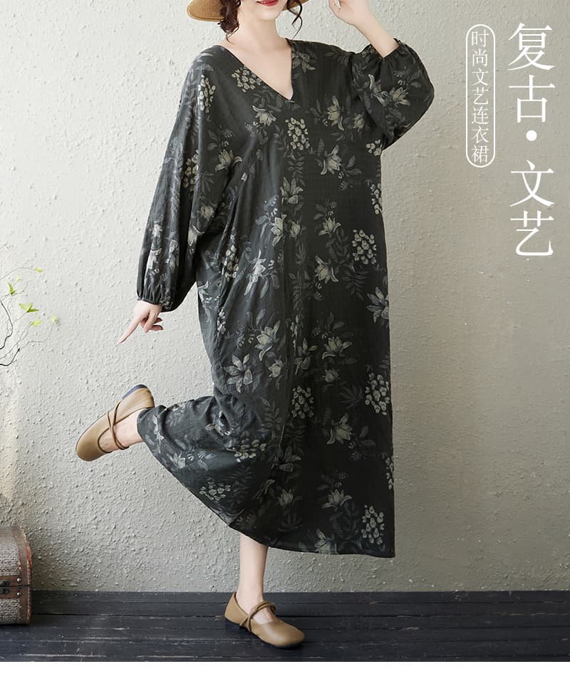 실사 가을 작은 대중 아니요 명중 섹션 얇은 면 린넨 빅 사이즈 V넥 루즈핏 품격 슬림해 보이는 롱 코트 여성 드레스 상세 이미지 1