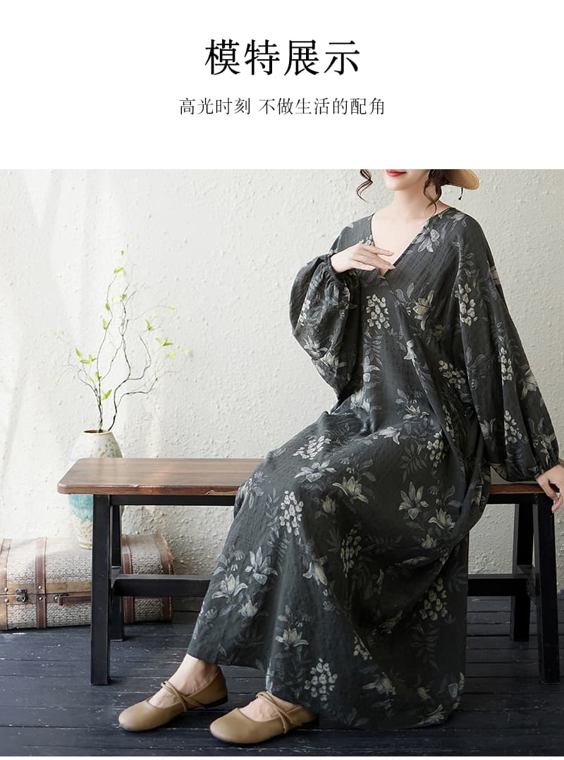 실사 가을 작은 대중 아니요 명중 섹션 얇은 면 린넨 빅 사이즈 V넥 루즈핏 품격 슬림해 보이는 롱 코트 여성 드레스 상세 이미지 10