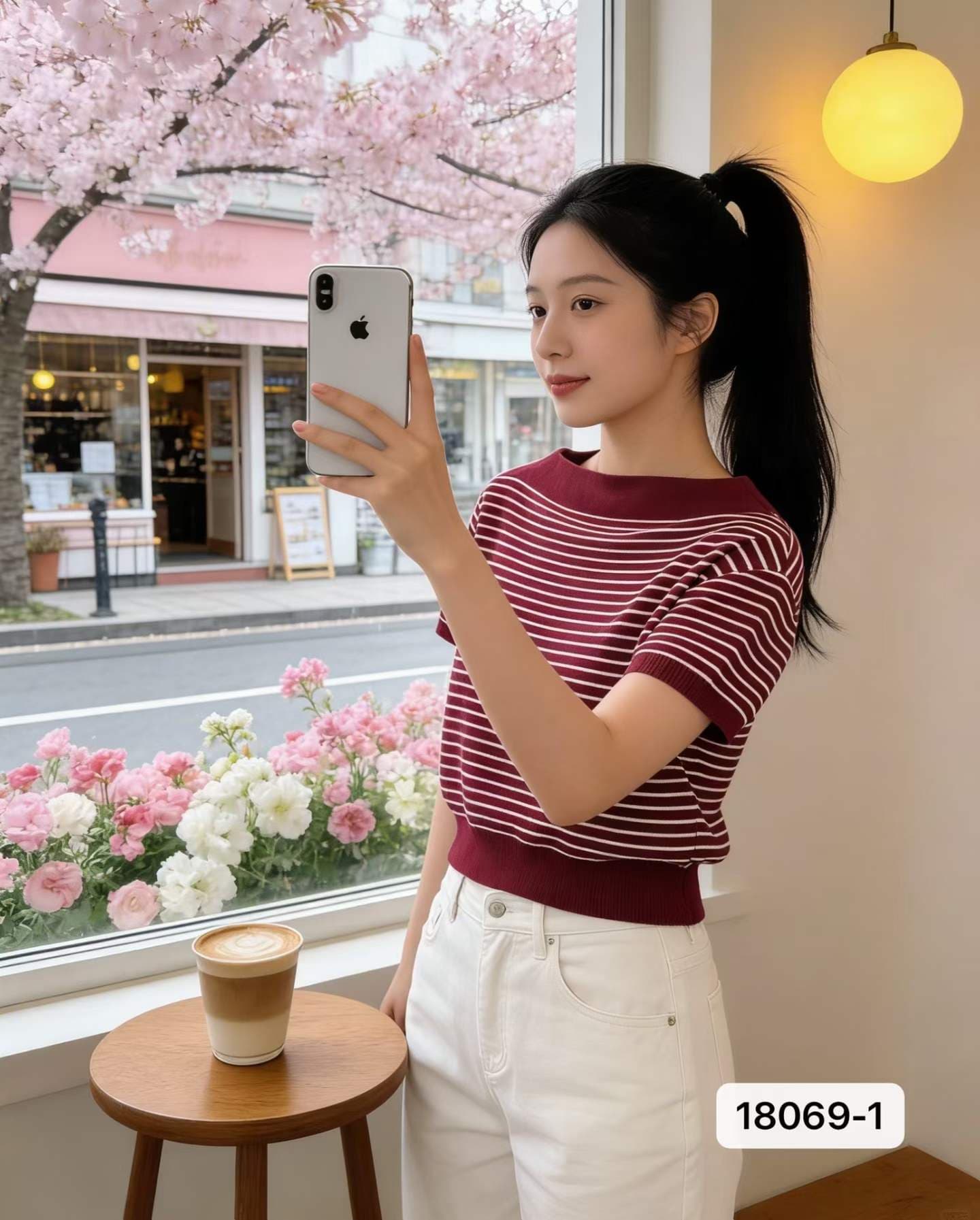 한 부서 캐주얼 바람 스트라이프 비스듬한 어깨 니트 카드 허리 슬림해 보이는 오프숄더 반팔 상세 이미지 3