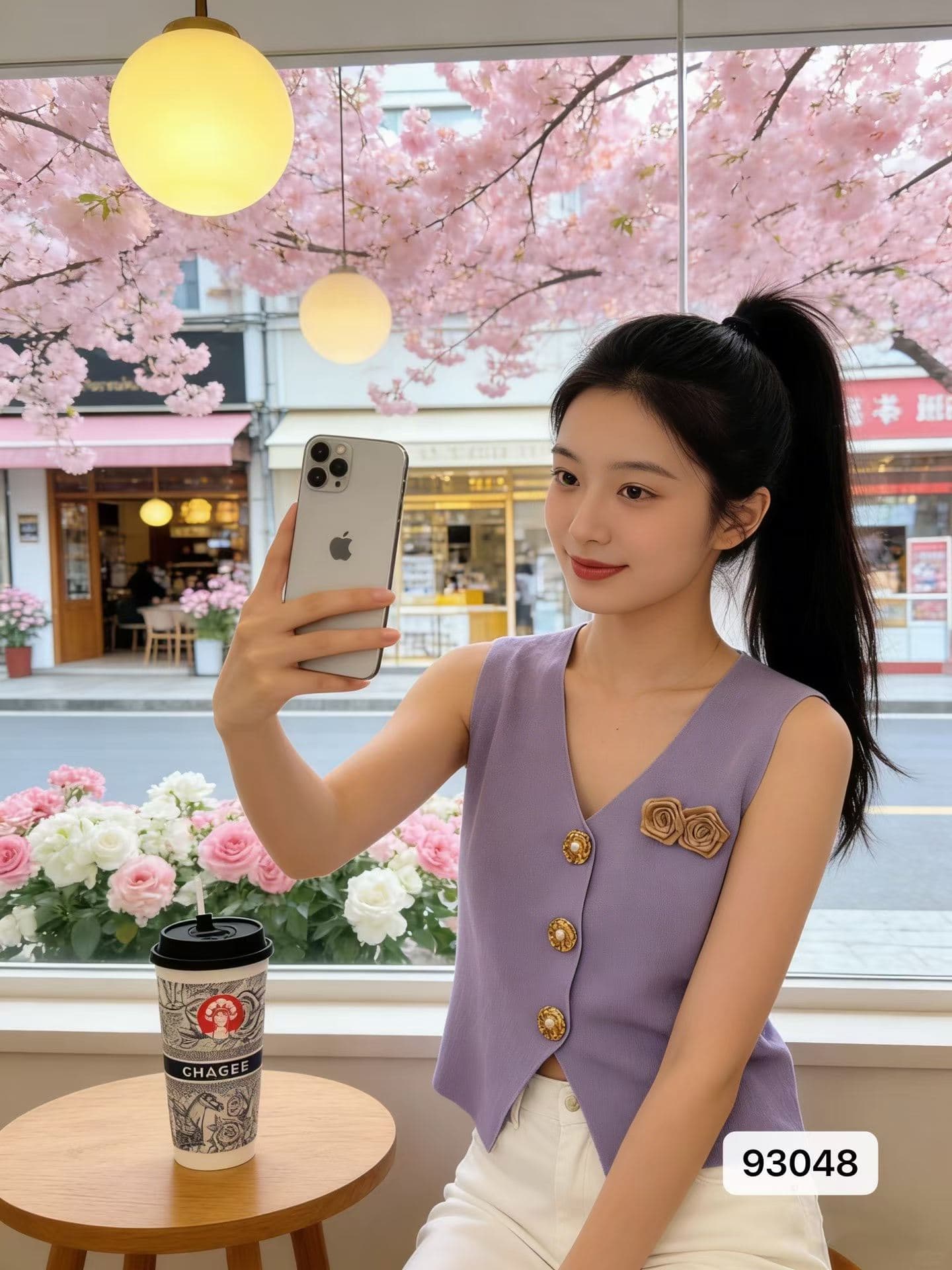 작은 샤넬 스타일 V넥 동백 나무 장식 니트 조끼 오픈 가디건