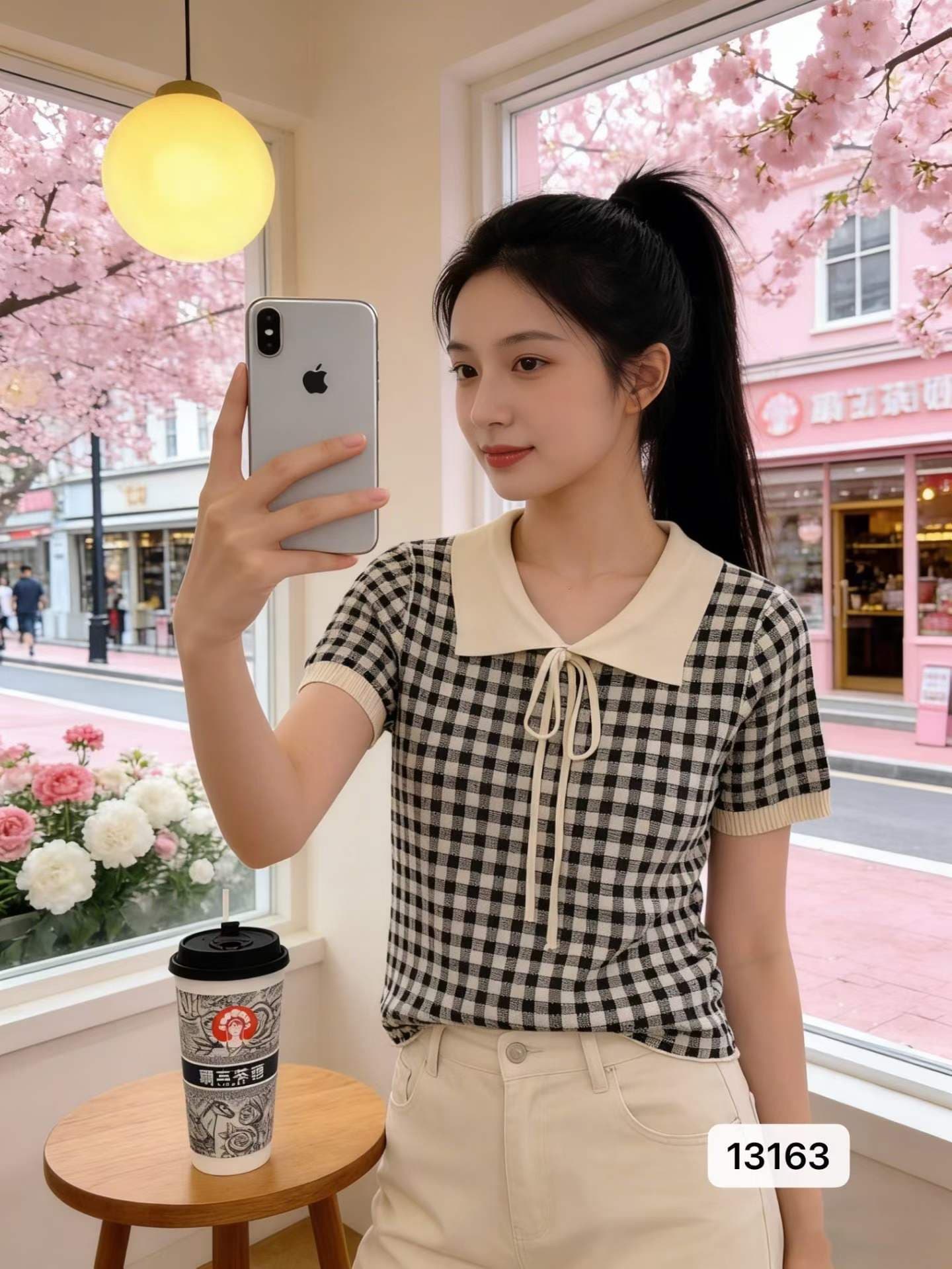 패션 폴로 칼라 배색 체크무늬 니트 다용도 반팔 상세 이미지 1