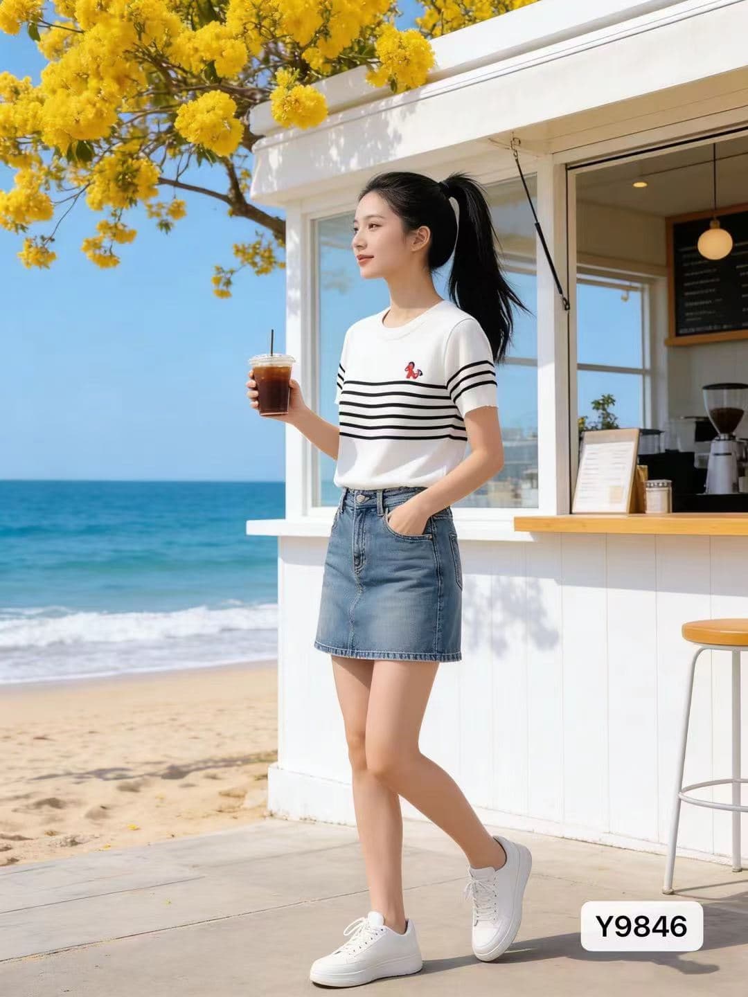 품격 레트로 라운드 넥 스트라이프 작은 말 자수 다용도 반팔 이미지 2