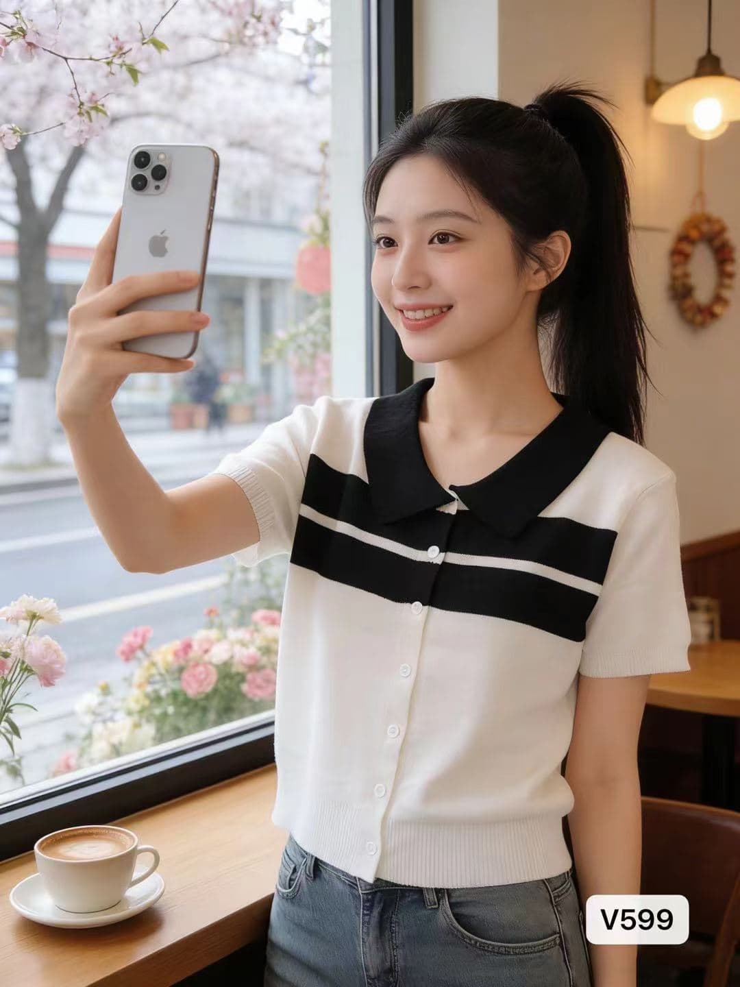 패션 POLO 칼라 패치워크 색상 니트 반팔 오픈 가디건 맨위 여성 상세 이미지 2