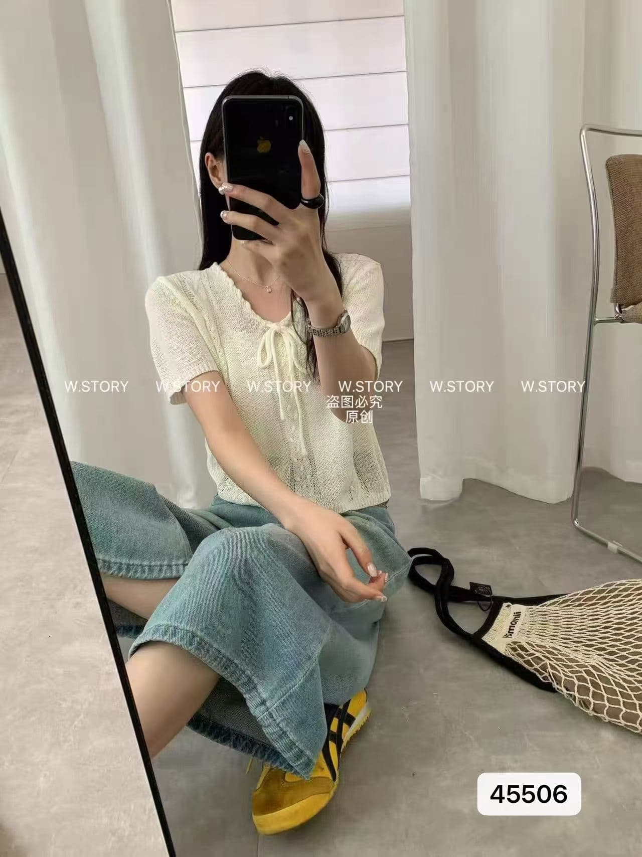 패션 V넥 레이스업 꽈배기 니트 풀오버 반팔 이미지 2