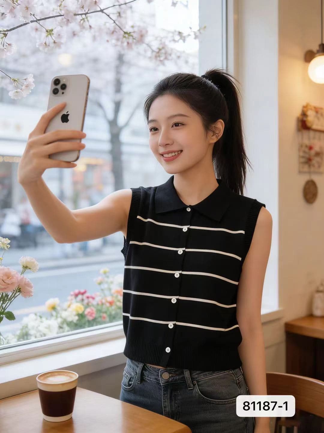 학원 스타일 폴로 칼라 배색 스트라이프 니트 조끼 오픈 가디건 상세 이미지 1