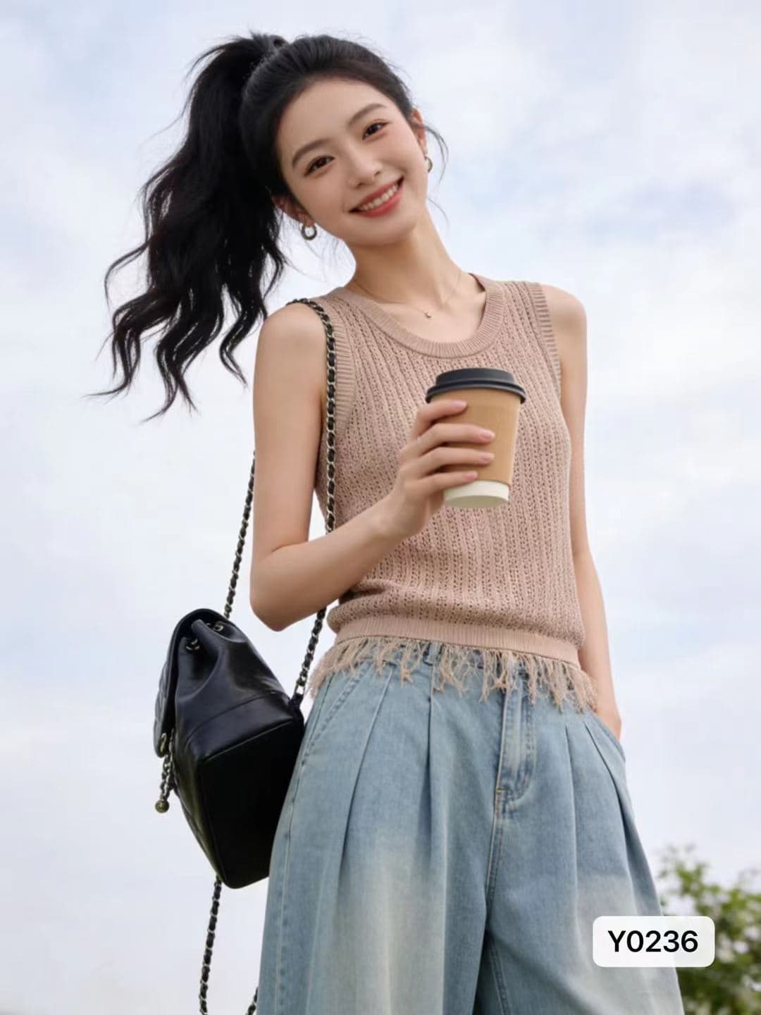 한 부서 미니멀리즘 라운드 넥 홀로우 아웃 니트 술 밑단 풀오버 조끼 상세 이미지 1