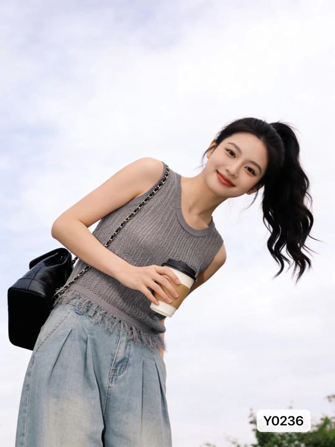 한 부서 미니멀리즘 라운드 넥 홀로우 아웃 니트 술 밑단 풀오버 조끼 상세 이미지 2