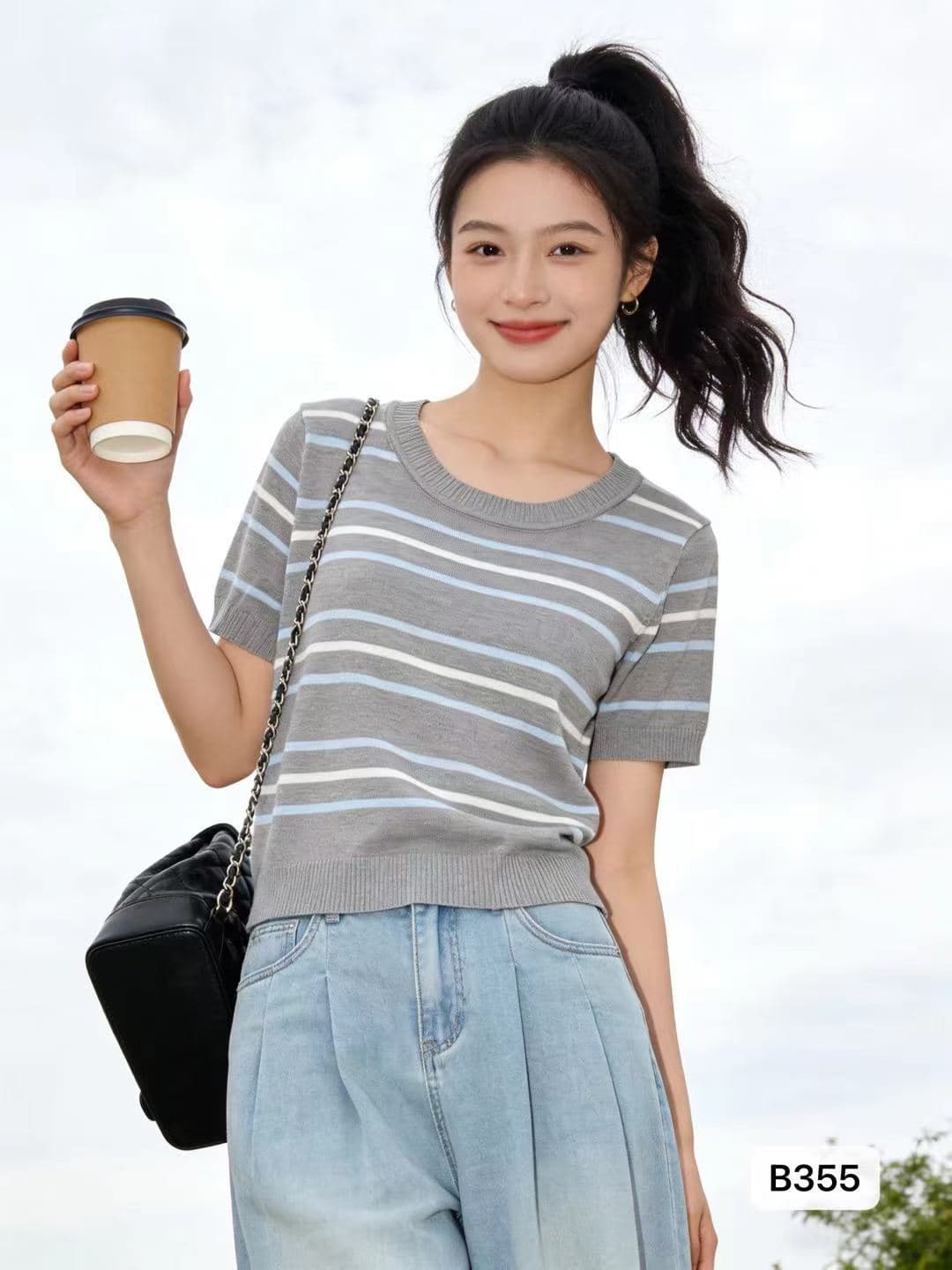 작은 청신 라운드 넥 패치워크 색상 스트라이프 니트 다용도 풀오버 반팔