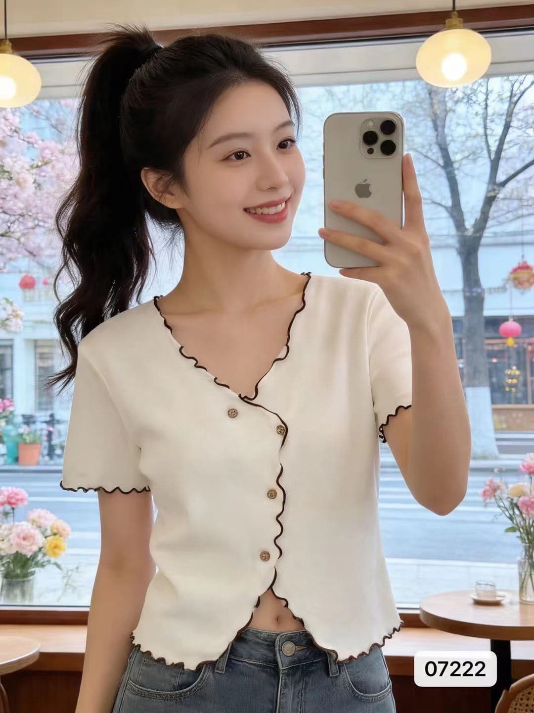 달콤함 연령 감소 V넥 패치워크 색상 프릴 트임 반팔 오픈 가디건 이미지 2