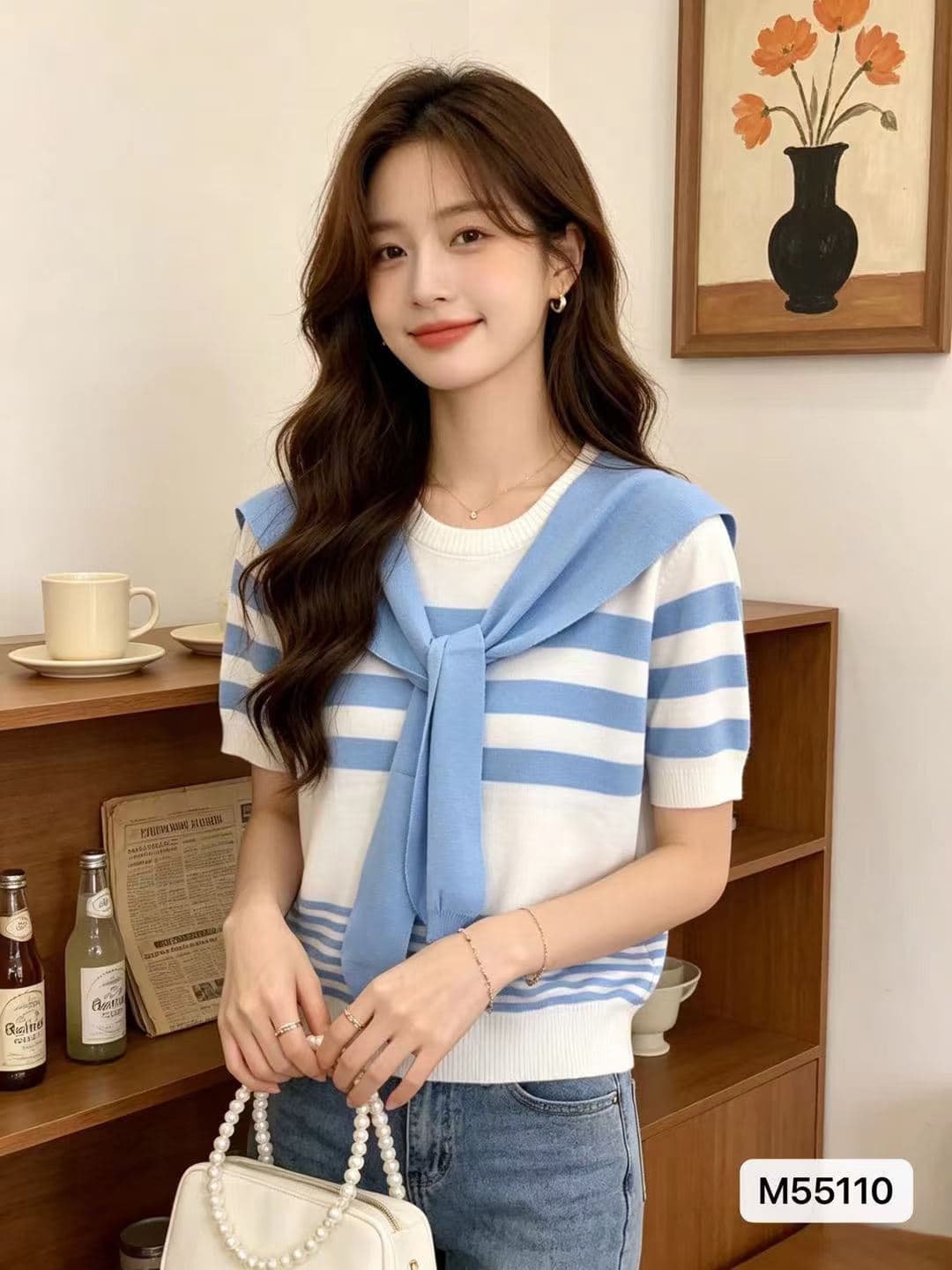 한 부서 라운드 넥 배색 스트라이프 반팔 해군 칼라 숄 투피스 슈트 이미지 3