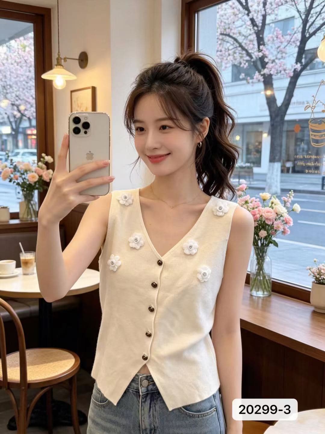 달콤함 연령 감소 V넥 3 차원 꽃 장식 조끼 오픈 가디건 상세 이미지 1