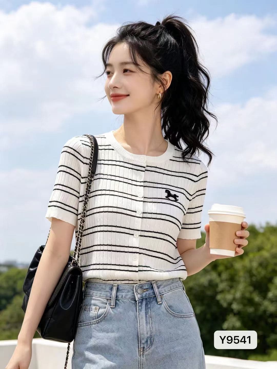 한 부서 출퇴근 라운드 넥 자수 스트라이프 꽈배기 니트 반팔 오픈 가디건
