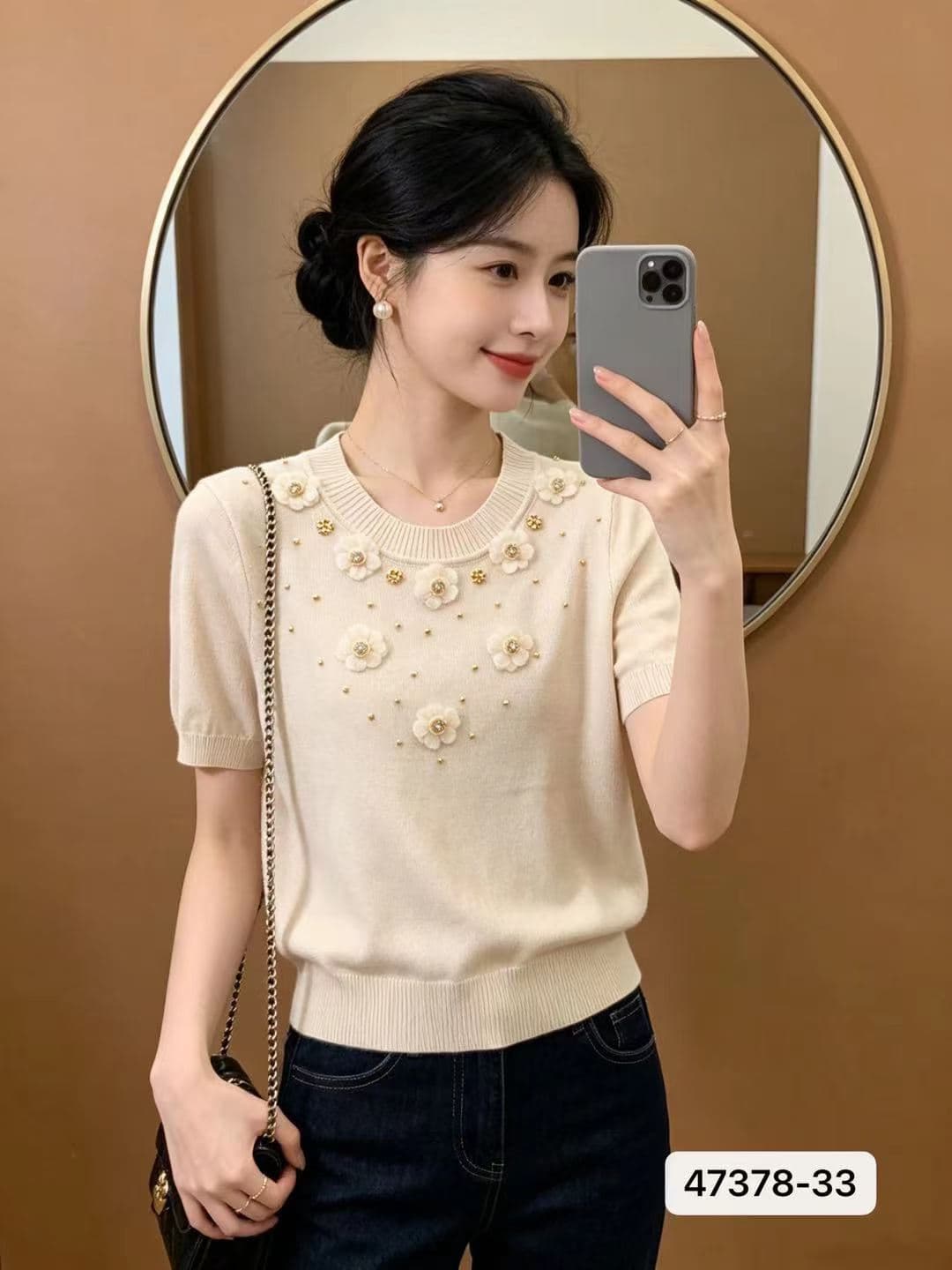 한 부서 부드러운 달콤한 자매 바람 3 차원 꽃 비즈 박기 꾸밈음 풀오버 반팔