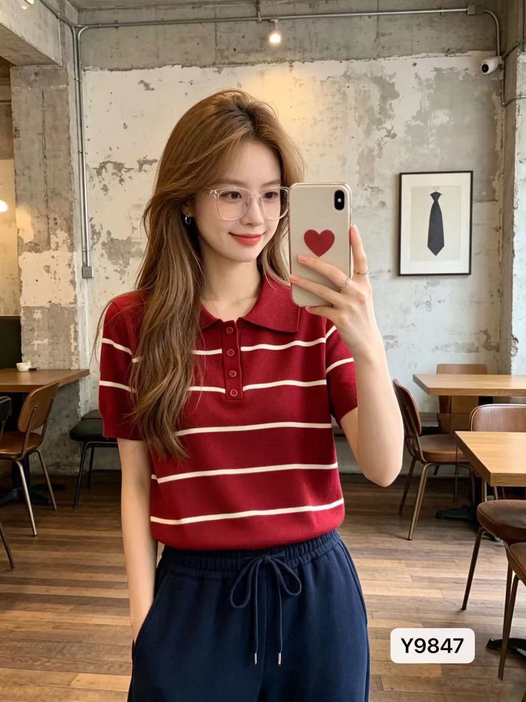 패션 폴로 칼라 단추 하프 열린 가슴 스트라이프 니트 풀오버 반팔 이미지 2