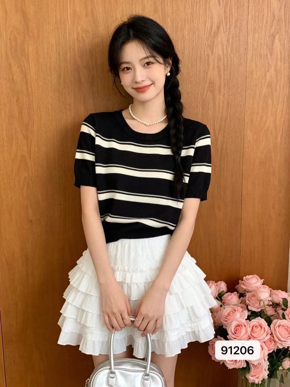 패션 캐주얼 라운드 넥 배색 스트라이프 니트 티셔츠 풀오버 반팔 이미지 2