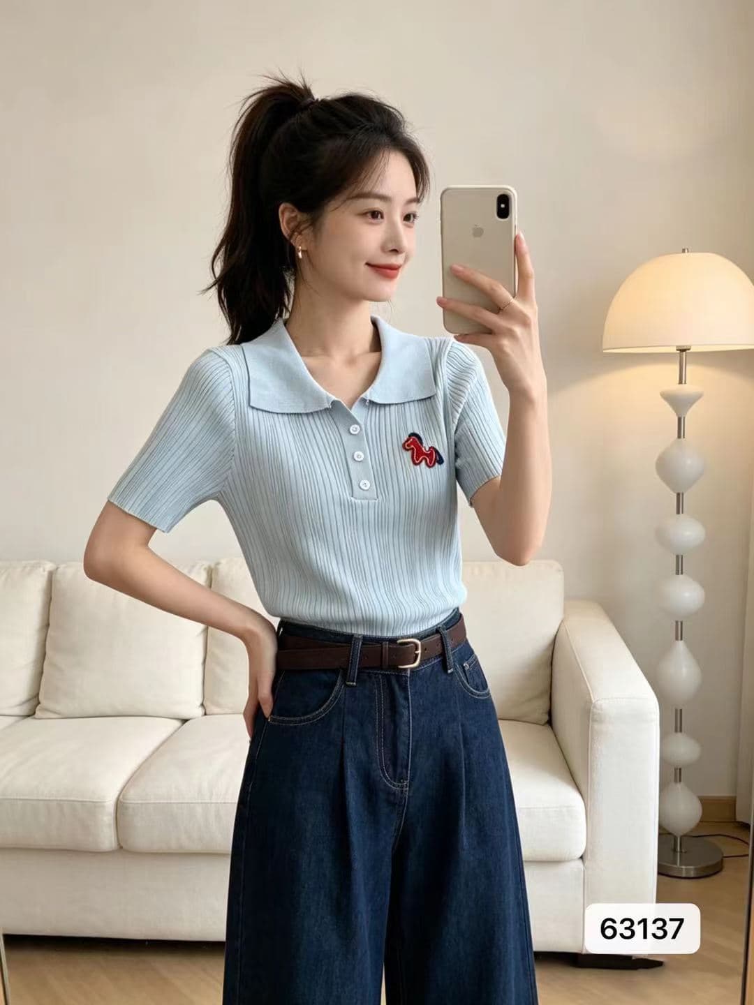 정가 프랑스식 폴로 칼라 하프 열린 가슴 만화 자수 구덩이 기사 슬림해 보이는 풀오버 반팔 이미지 2
