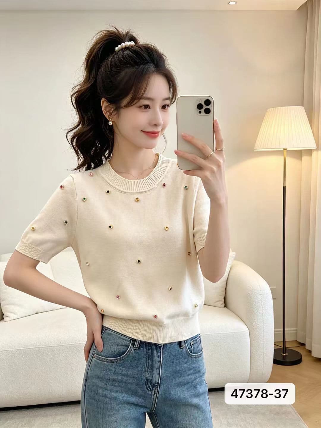 정가 달콤함 연령 감소 라운드 칼라 플라워 종류 비즈 박기 니트 풀오버 반팔 상세 이미지 1